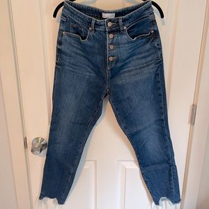 Loft High Waisted Cropped Skinny Jeans with Raw Hem and Button Up Front 6 / 28